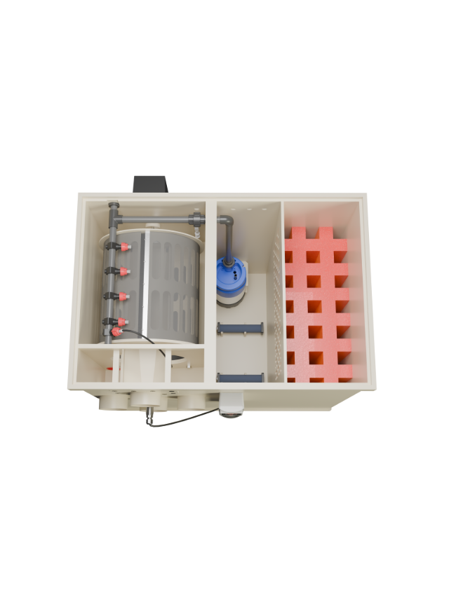 alt="Red Label Happy Combi Filter for koi ponds, a high-performance alternative to Filtreau, Profidrum, Absolute Koi, Perfect Ponds, Shirley Aquatics, and Burton Drums"