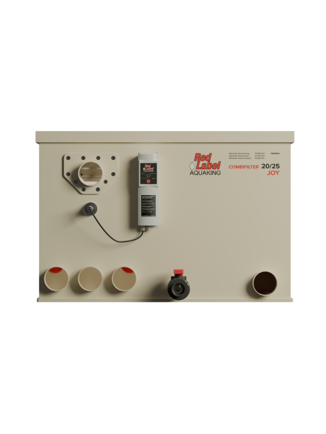 "Red Label Combi Joy Filter – compact pond drum filter with built-in UVC unit and automatic flush pump"