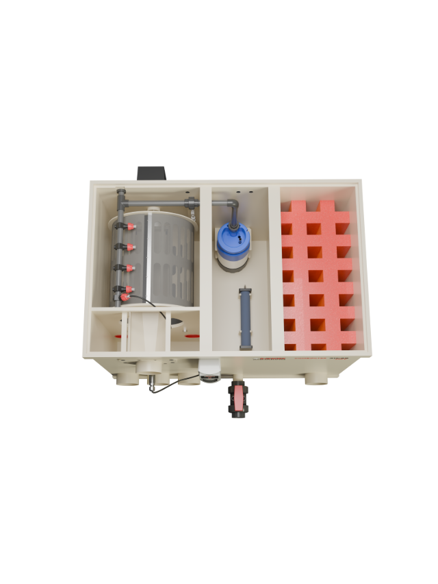 "Red Label Combi Joy Filter – compact pond drum filter with built-in UVC unit and automatic flush pump"