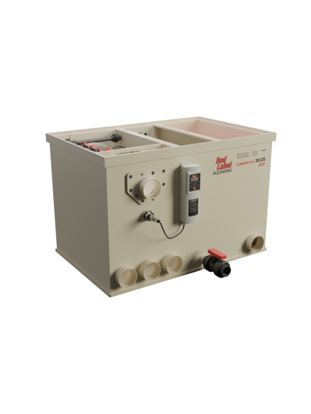 "Red Label Combi Joy Filter – compact pond drum filter with built-in UVC unit and automatic flush pump"
