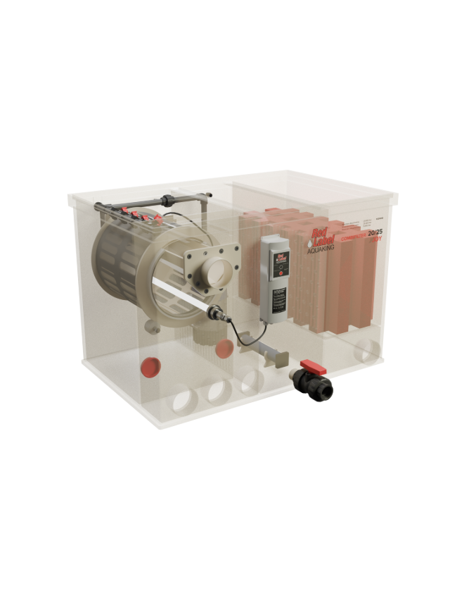 "Red Label Combi Joy Filter – compact pond drum filter with built-in UVC unit and automatic flush pump"