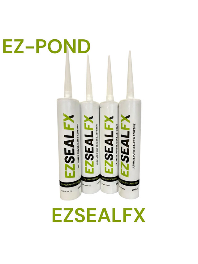 alt="EZSEALFX professional pond sealant adhesive for fibreglass, concrete, GRP, metal and plastic, flexible waterproof bond for pond construction and repairs, Cotswold Koi, Absolute Koi, Shirley aquatics, Koi Collection, Perfect Ponds"