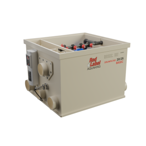 Red Label Essential Drum 20/25 gravity-fed and pump-fed pond filtration system, featuring a stainless steel 120-micron drum filter, integrated flushing pump and controller, 40-watt UVC clarifier, and double brush cleaning system, designed for small to medium koi and ornamental ponds.
