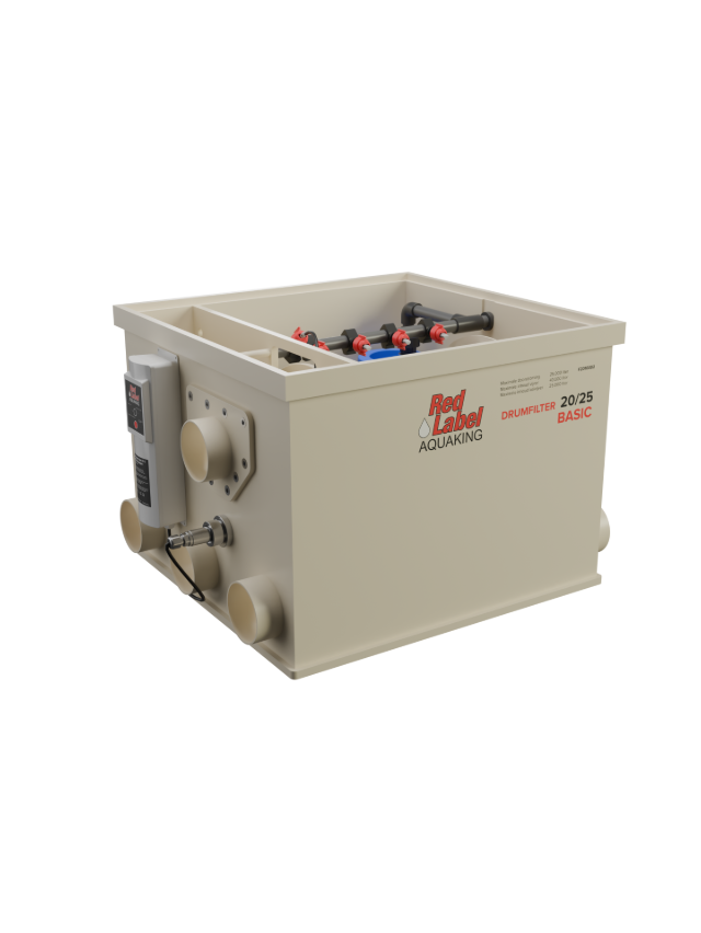 Red Label Essential Drum 20/25 gravity-fed and pump-fed pond filtration system, featuring a stainless steel 120-micron drum filter, integrated flushing pump and controller, 40-watt UVC clarifier, and double brush cleaning system, designed for small to medium koi and ornamental ponds.