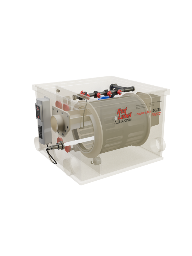 Red Label Essential Drum 20/25 gravity-fed and pump-fed pond filtration system, featuring a stainless steel 120-micron drum filter, integrated flushing pump and controller, 40-watt UVC clarifier, and double brush cleaning system, designed for small to medium koi and ornamental ponds.