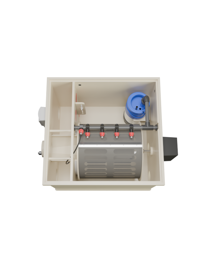 Red Label Essential Drum 20/25 gravity-fed and pump-fed pond filtration system, featuring a stainless steel 120-micron drum filter, integrated flushing pump and controller, 40-watt UVC clarifier, and double brush cleaning system, designed for small to medium koi and ornamental ponds.