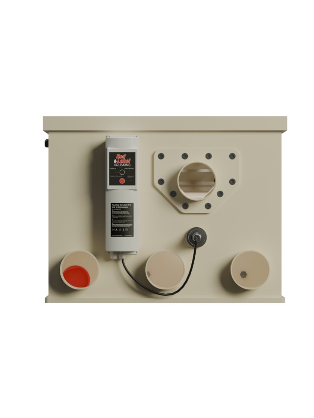 Red Label Essential Drum 20/25 gravity-fed and pump-fed pond filtration system, featuring a stainless steel 120-micron drum filter, integrated flushing pump and controller, 40-watt UVC clarifier, and double brush cleaning system, designed for small to medium koi and ornamental ponds.