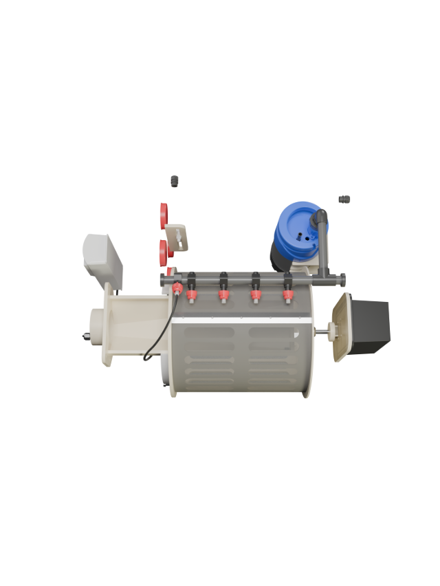 Red Label Essential Drum 20/25 gravity-fed and pump-fed pond filtration system, featuring a stainless steel 120-micron drum filter, integrated flushing pump and controller, 40-watt UVC clarifier, and double brush cleaning system, designed for small to medium koi and ornamental ponds.