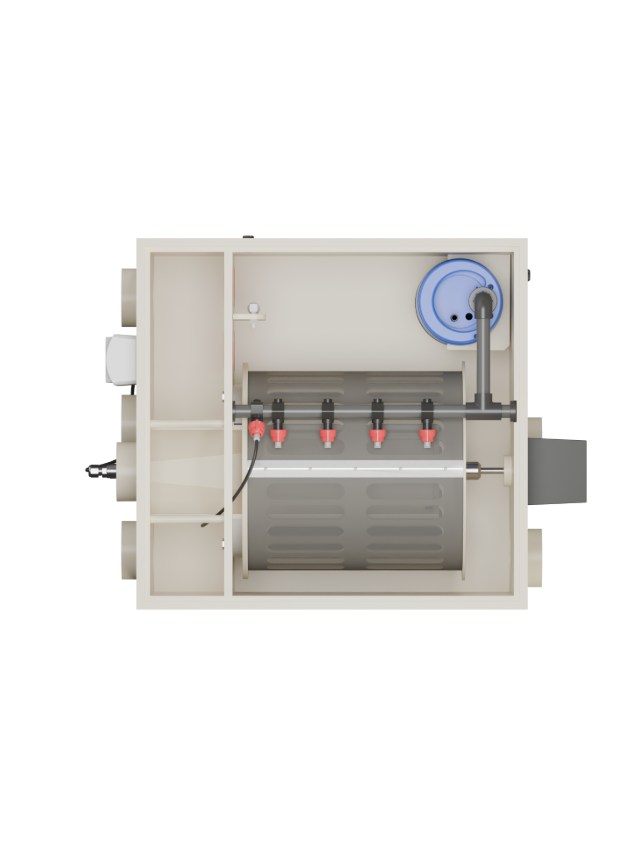 Red Label Essential Drum 20/25 gravity-fed and pump-fed pond filtration system, featuring a stainless steel 120-micron drum filter, integrated flushing pump and controller, 40-watt UVC clarifier, and double brush cleaning system, designed for small to medium koi and ornamental ponds.