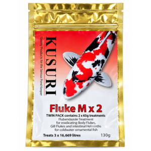Kusuri Fluke M twin pack containing two 65g treatments for koi gill and body flukes.