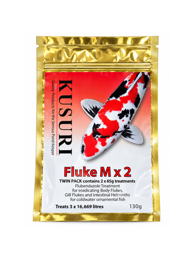 Kusuri Fluke M twin pack containing two 65g treatments for koi gill and body flukes.